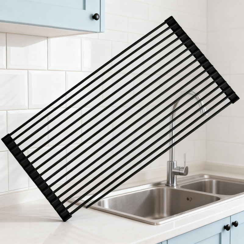 Égouttoir à vaisselle enroulable avec revêtement en silicone, égouttoir à vaisselle sur l'évier pliable pour une organisation de cuisine peu encombrante