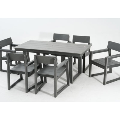 7 Outdoor Dining For 6 Grey Weather- Patio Table With Umbrella Hole And Armrest Chairs, Modern , Custom Build Options Seating Perfect Deck Lawn, Extended Service