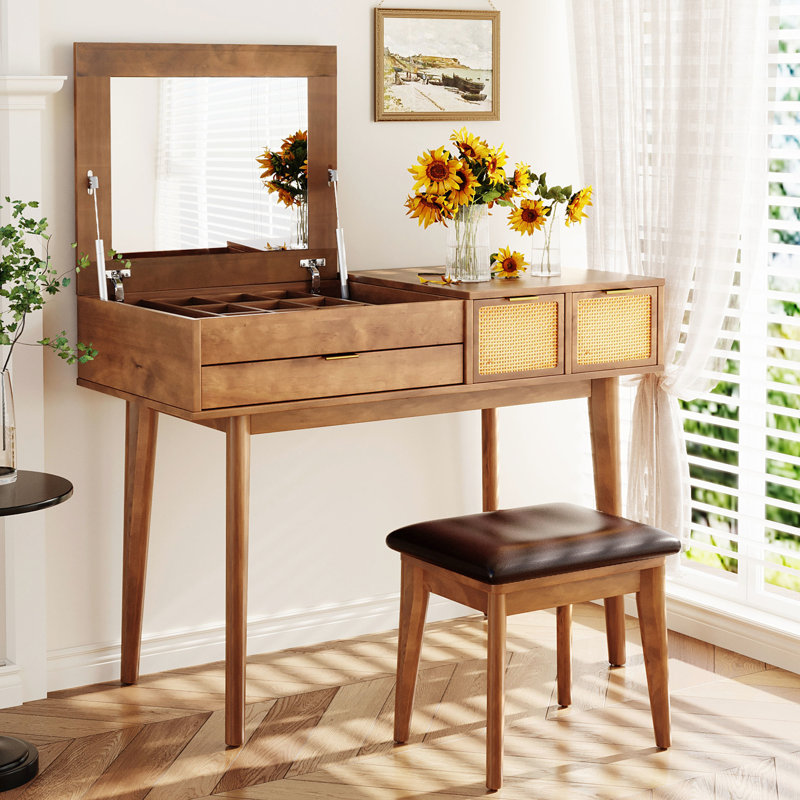 Brown Wood Dressing Vanity Table With Flip-Top Mirror & Stool, Three Drawers For Delicate Makeup Corner Solid Mirror, Stool And Exquisite Setup