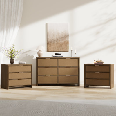 3 Pieces Rattan Bedroom Set, 47.2"W 6-Drawer Dresser  3-Drawer Nightstands Set of 2 with Curved Design, Modern Chest of Drawers Dresser Set, Boho Woo