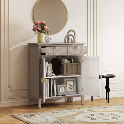 Armoire décorative en bois sculptée à la main avec tiroir et portes, buffet à motif floral pour le hall d'entrée et le salon