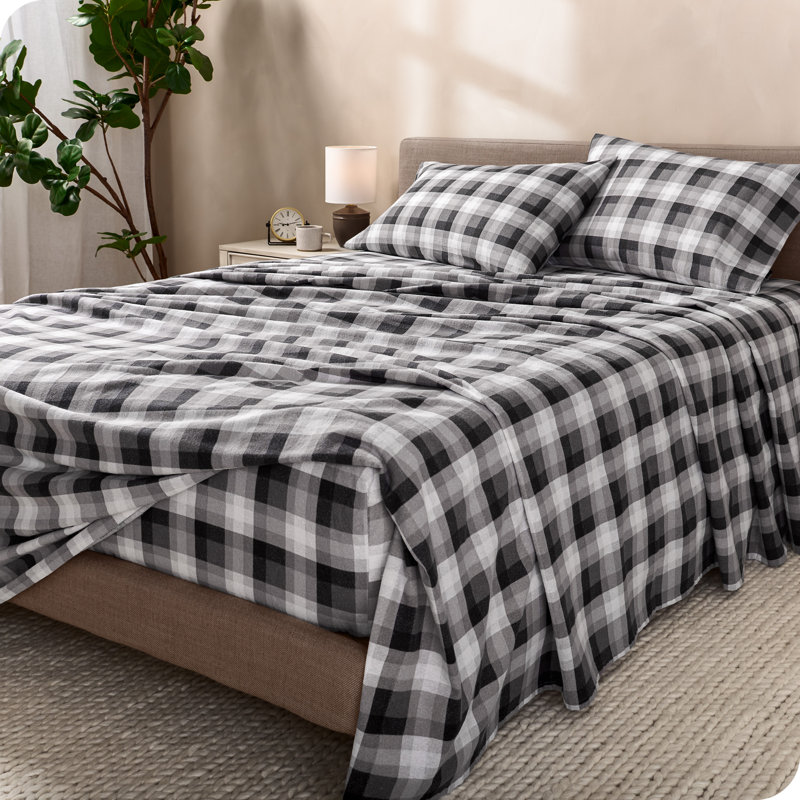 Ensemble de draps 100% flanelle de coton, Ensemble de draps pour lit simple avec 1 taie d'or, Tissu écossais gris Oliver