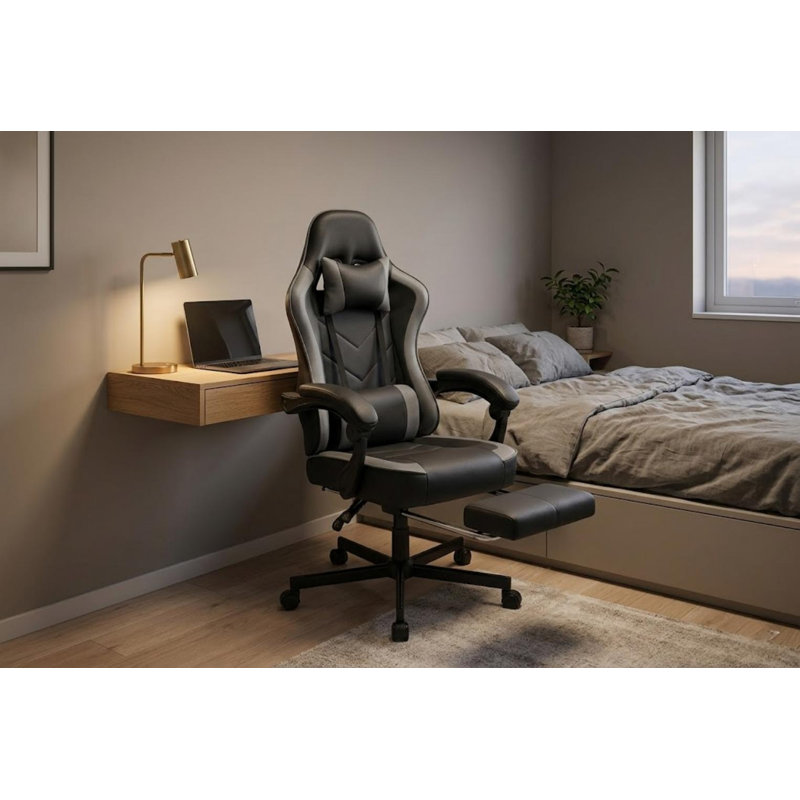Ergonomic High-Back PC & Racing Chair With Massage Lumbar, Footrest & Adjustable Arms, Black/Gray