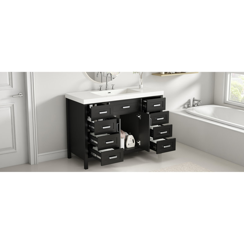 Meuble-lavabo 48 po avec lavabo intégré, 2 portes, 8 tiroirs, système de fermeture en douceur, design classique noir, meubles-lavabos