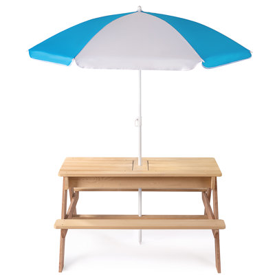 3" Modern Natural Wood Square Outdoor Convertible Picnic Table, Solid Wood, Featuring Umbrella Hole Compatible, Perfect for Outdoor Camping, Picnic Use