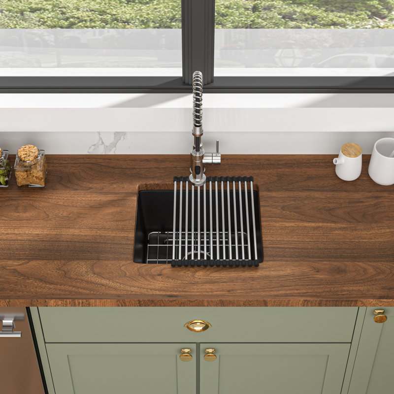 18"L x 16"W Undermount Quartz Kitchen Sink Granite Composite Single Bowl Kitchen Bar Sink with Roll Up Rack, Black