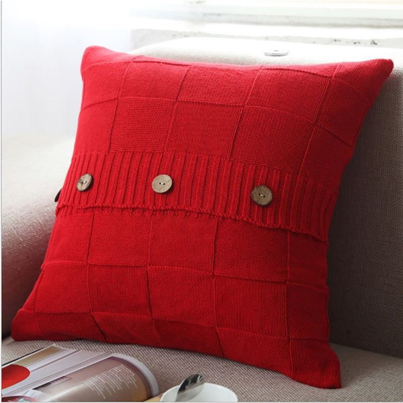Red Knitted Button Throw Pillow Cover – Cozy Sweater Style with Wooden Button Accents 18"x18", Red