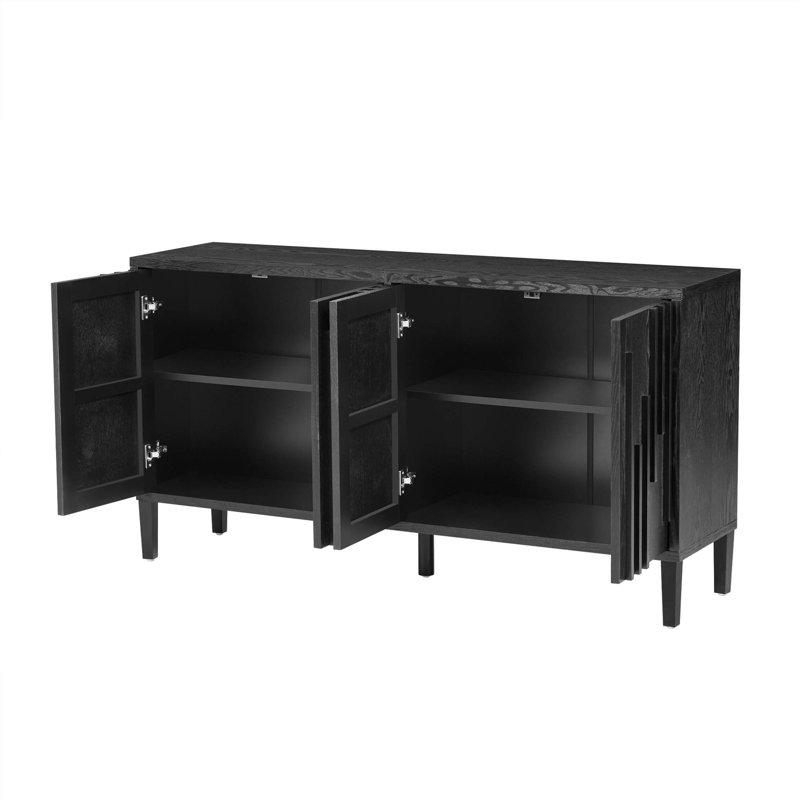 59.8" 4-Door Sideboard,Hidden Handle,Distinctive Solid Ash Veneer Buffet With Storage, Farmhouse Sideboard TV Stand, Black