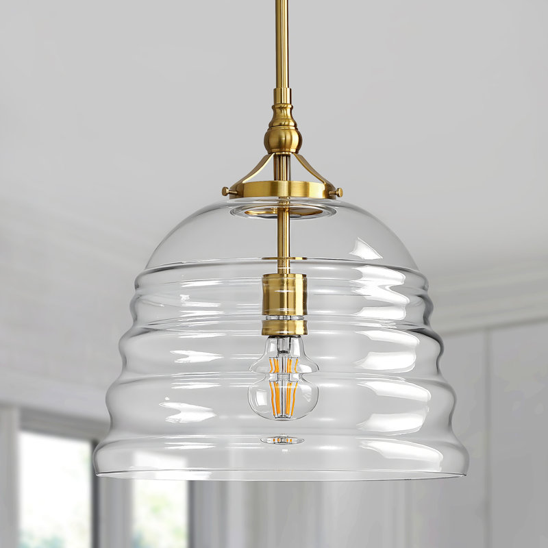 12 in 1-Light Modern Adjustable Hanging Single Pendant Light Fixture with Clear Ribbed Glass Dome Shade, Gold