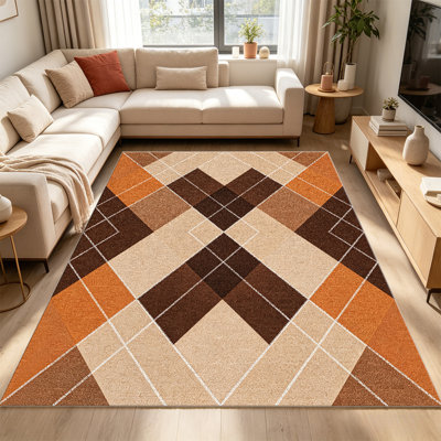 Tapis terre cuite brun argyle pour le salon, doux et confortable, adapté à toutes les saisons, facile à entretenir, tapis de sol intérieur lavable à la machine, sous la table de ferme convenant à la chambre à coucher, à la salle à manger, au bureau, au patio, au balcon, à la décoration intérieure
