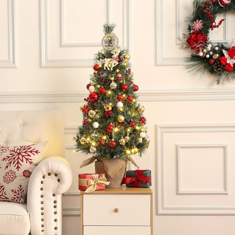 3ft Pre-Lit Small Christmas Tree, Mini Christmas Tree with 78 Led Lights 8 Modes Cloth Bag Base & Pine Cones & Red Berries,Xmas Decorations for Fireplace,Tabletop, Home Decor Indoor