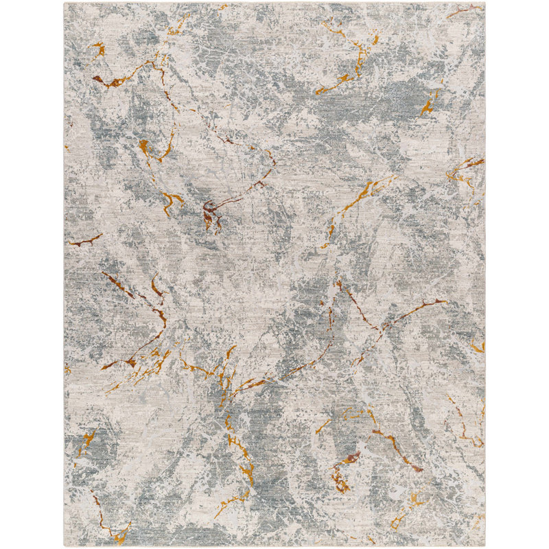Tapis abstrait en polyester tissé à la machine Ietta en gris / ivoire / jaune, Rectangle 7 pi 10 po x 10 pi 2 po