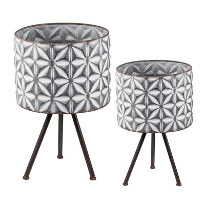 Set Of 2 Metal Planter Stand,Round Galvanized Grey Farmhouse Planter