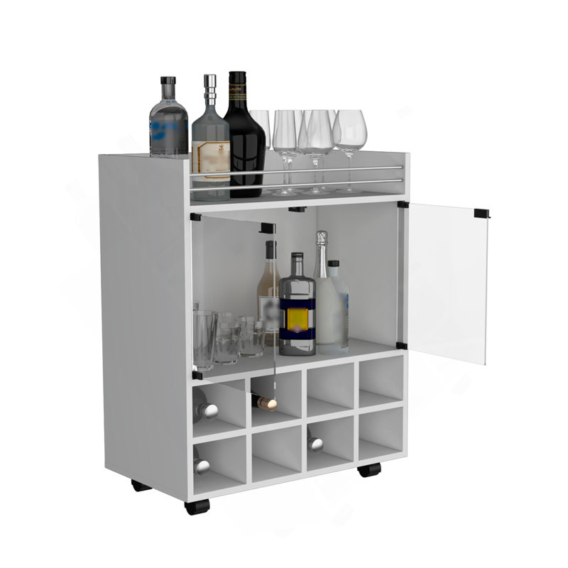 Chariot-bar St Andrews avec support intégré pour 8 bouteilles, armoire à double porte vitrée et surface supérieure bordée d'aluminium