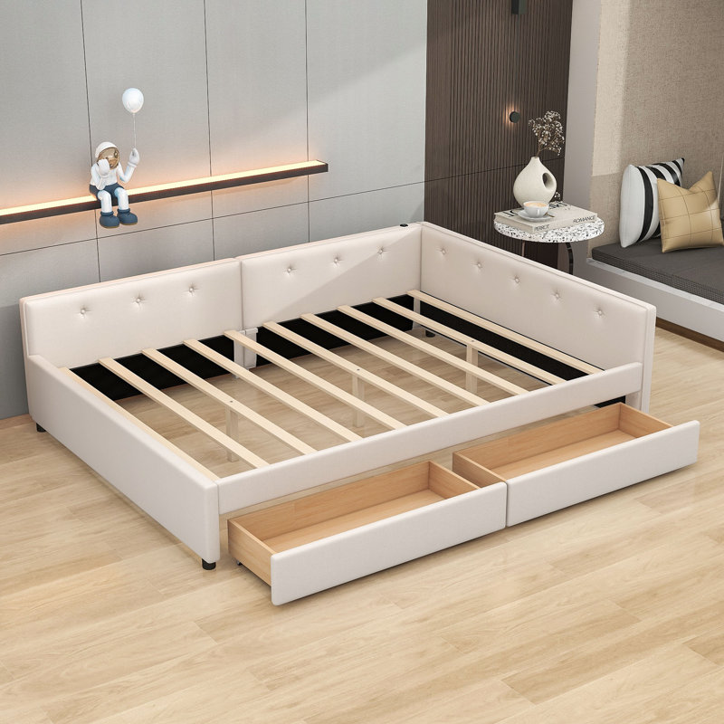 Linen Upholstered Daybed with USB Ports and Dual Storage Drawers, Queen