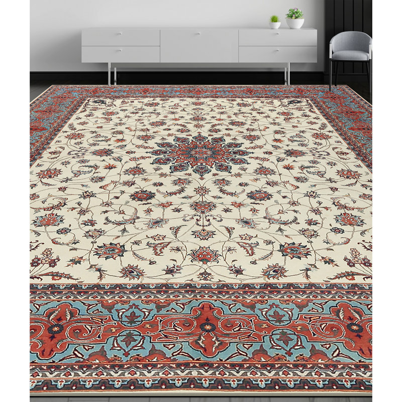 Tapis beige et rouge noué à la main de haute qualité