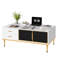 Table basse, table basse moderne pour le salon avec 4 tiroirs, armoires vitrées, conception de panneau cannelé en faux marbre, solution de rangement élégante-1954766666