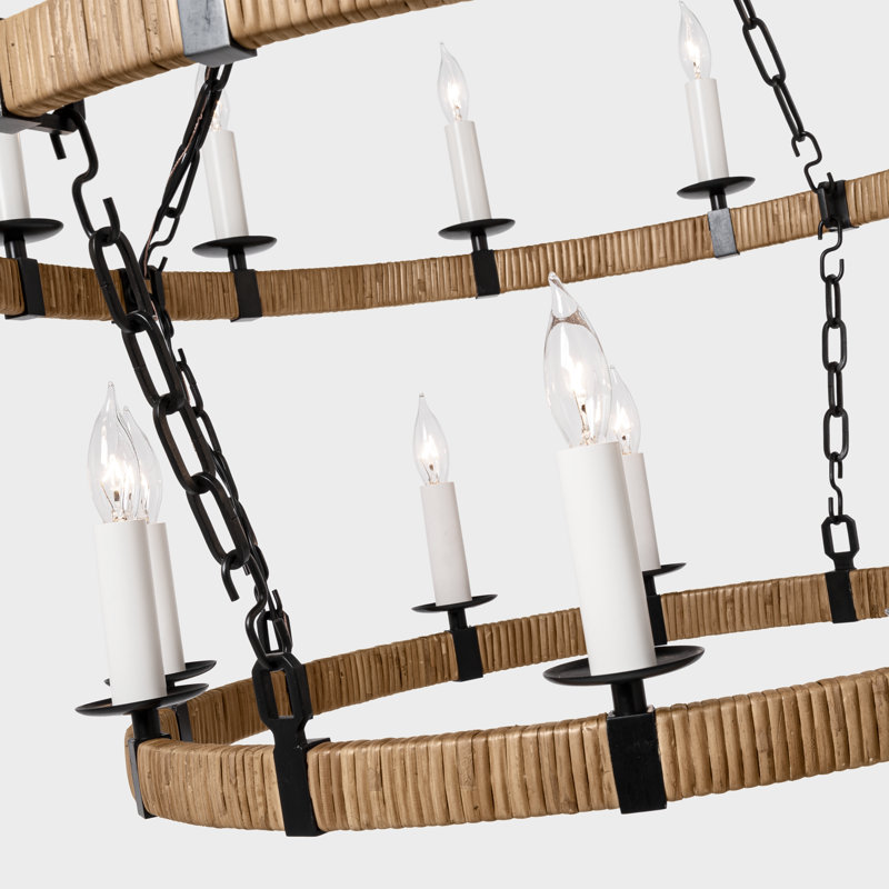 Darlana 20 - Light Wagon Wheel Chandelier, 36.75" H x 31.75" W x 31.75" D, Aged Iron/Natural Rattan