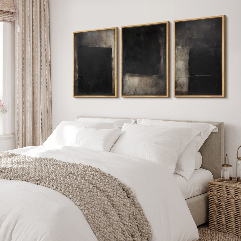 «Black Rustic Abstract Triptych», reproduction d'art sur toile encadrée, 3 pièces, H 36 po x l 24 po x P 1,5 po, Naturel
