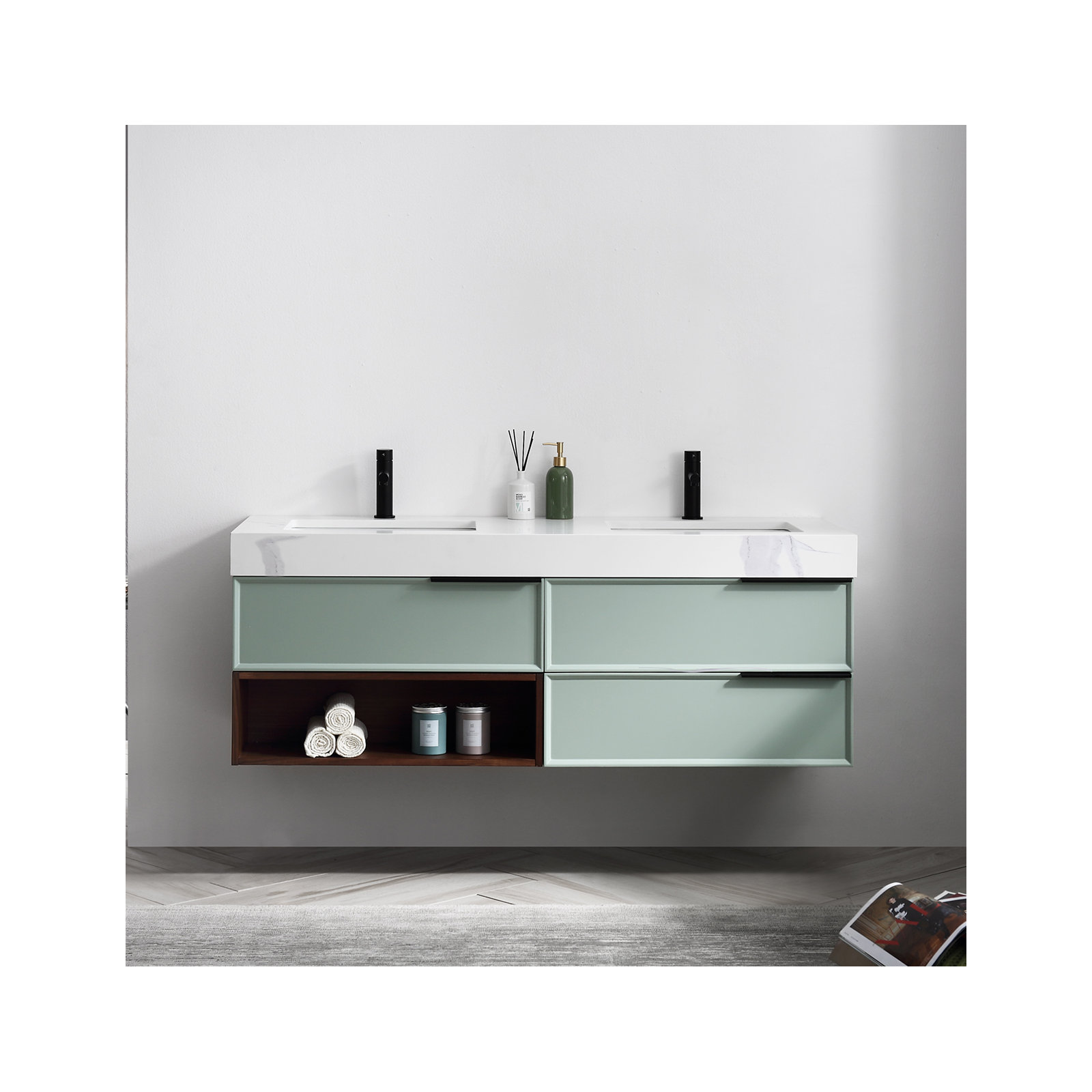 Nikola 60'' Natural Wood Veneer Plywood Double Bathroom Vanity with Quartz Top