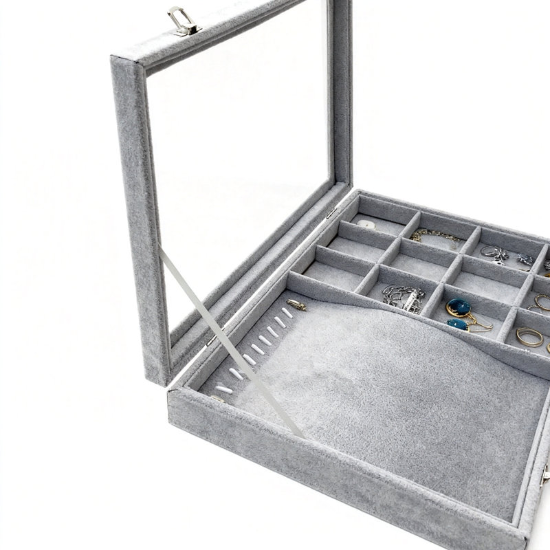 Boîte à bijoux avec verre transparent (gris)