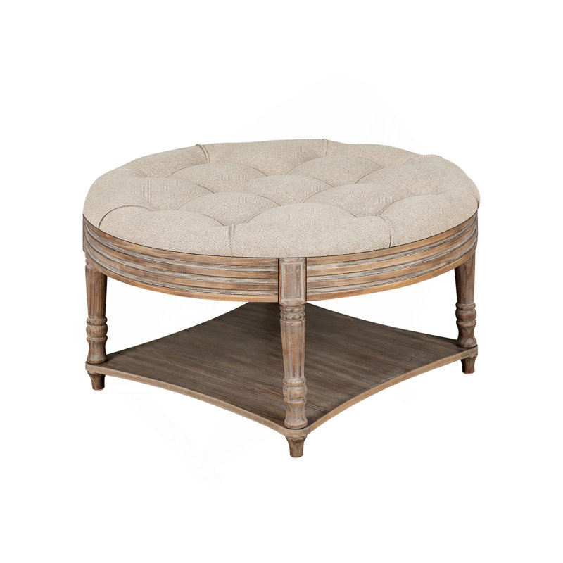 Grande table basse ronde avec repose-pieds imperméable surdimensionnée à 2 niveaux avec capitonnage à boutons et tablette en bois