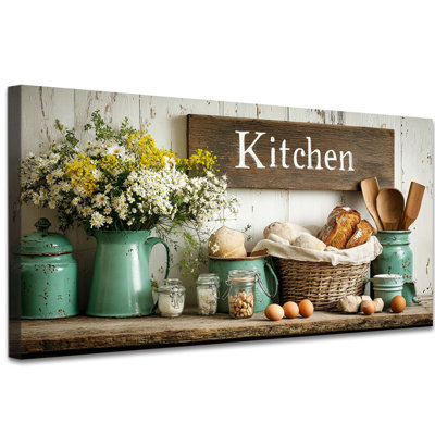 Large Farmhouse Duppstadt - Rustic Pictures Wall Decor and Vintage Kitchen Artwork for Dining Room, Country Style Wall Art Prints with Flowers and Bread, Wrapped Canvas Pine Frame, 30×60 inches