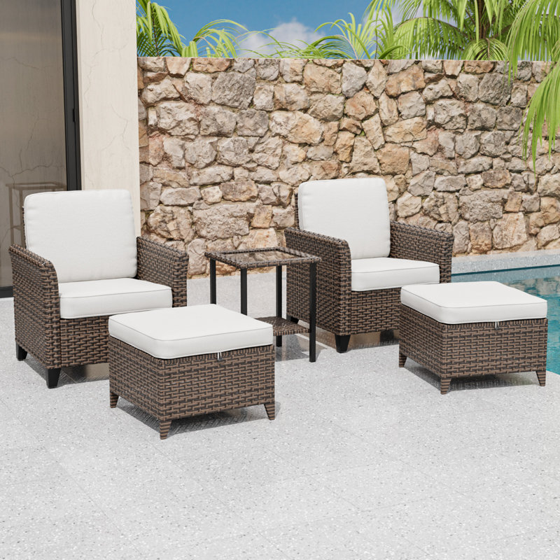 Ensemble de conversation 5 pièces pour patio avec repose-pieds courbé en osier brun, Beige