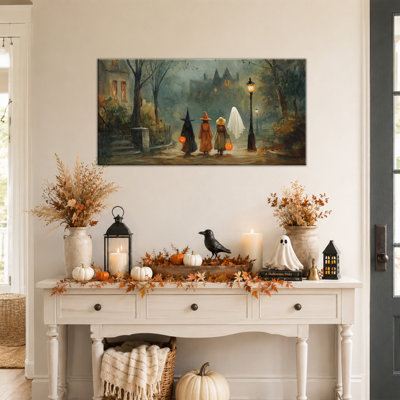Fall Halloween Wall Art, Halloween Pictures Wall Decor, Halloween Canvas Wall Art with Witch and Ghost Scene, Warm Spooky Colors, Rustic Gothic Style for Living Room or Entryway, 12×24 in