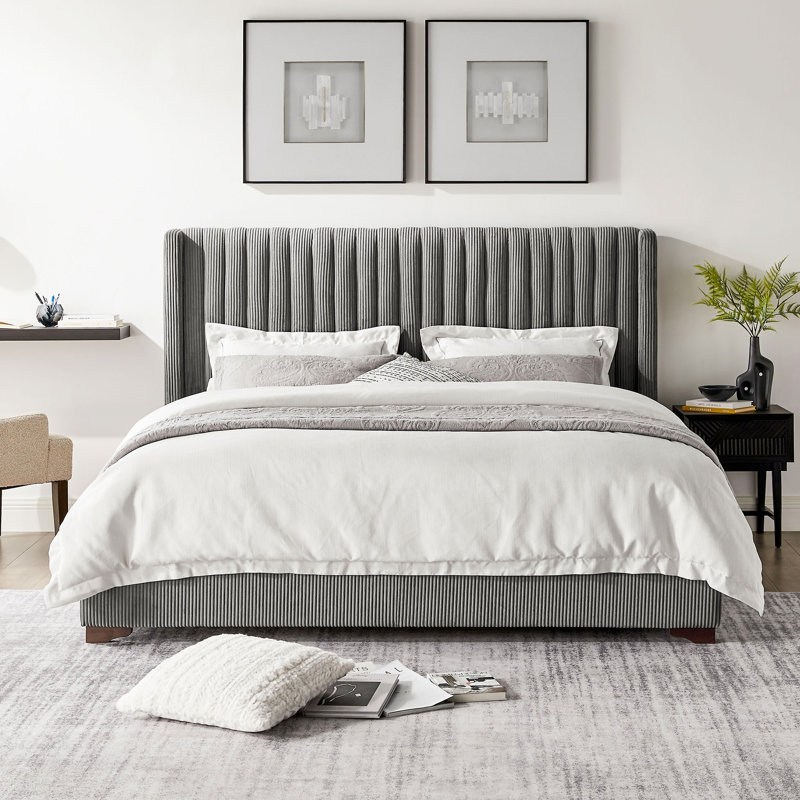 Modern Upholstered Platform Bed With Corduroy Wing Headboard, Dark Gray, King