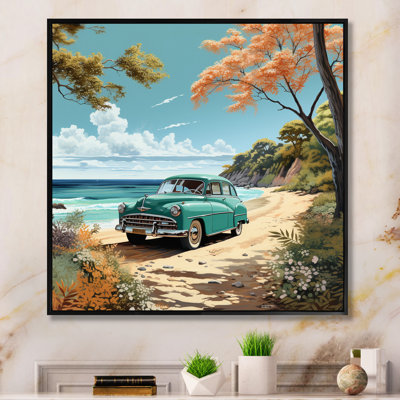 Vintage Oldtimer Classic Turquoise Car Beachside sur impression sur toile