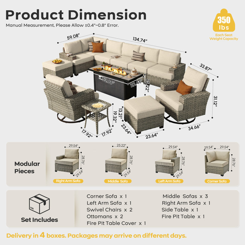 Ensemble de conversation modulaire d'extérieur Tommy Wicker pour 10 personnes avec chaises pivotantes et coussins, ensemble de conversation pour patio avec foyer