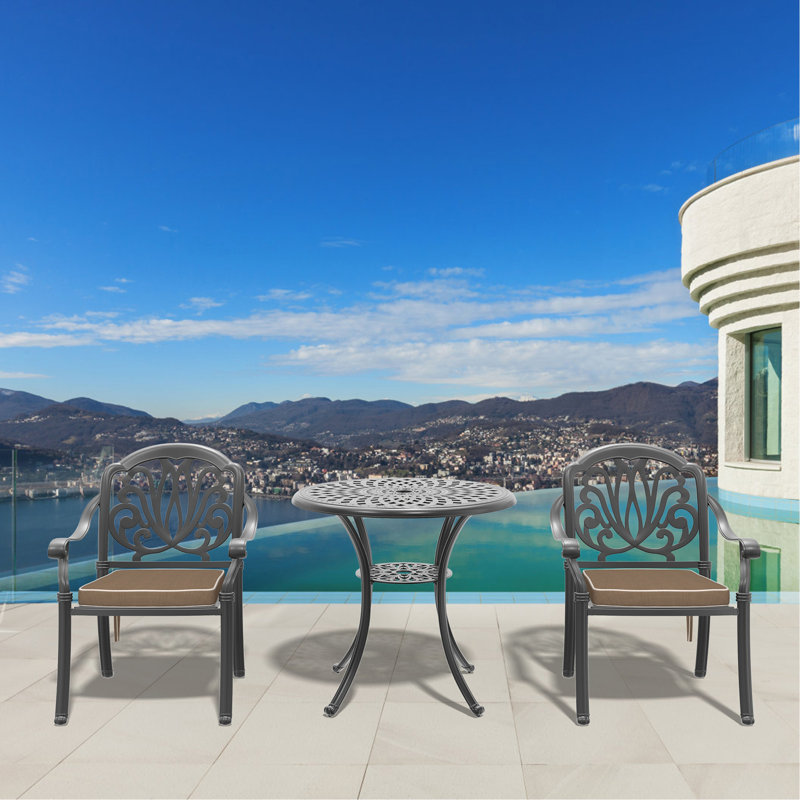 3-Piece Set Of Cast Aluminum Patio Furniture With Brown Cushions, 2