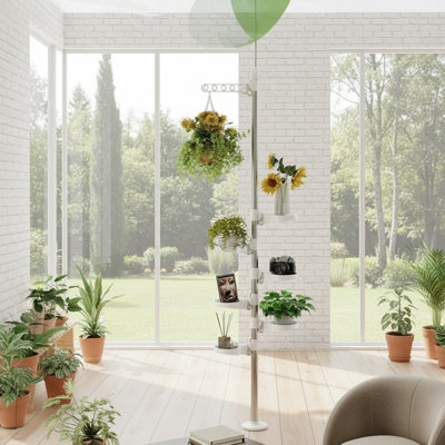 Ivory-Colored 7-Tier Metal Corner Flower Pot Stand With Spring Tension Rod Suspension Design, Space-Saving Flower Display Rack. by Arlmont & Co.