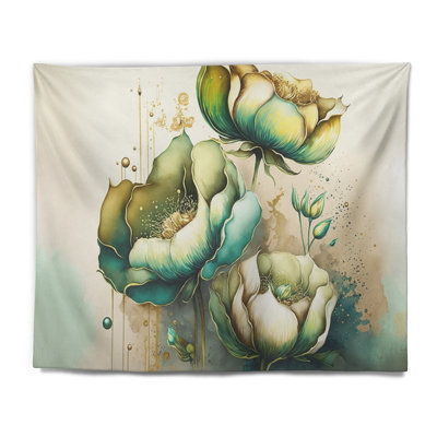 Tapisserie en polyester vert avec des punaises Cally Lillies II