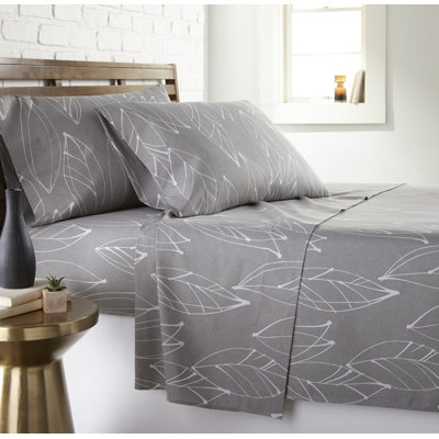 Southshore Fine Linens Modern Foliage White and Grey California King 4-Piece Microfiber Sheet Set, 1 Flat Sheet, 1 Fitted Sheet, 2 King Pillowcases, 14" Deep Pocket