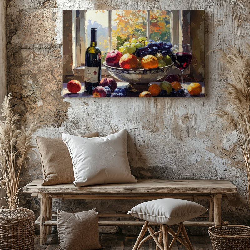 Toile, peinture à l'huile rustique sur toile avec fruits et vin, H 30 po x l 40 po