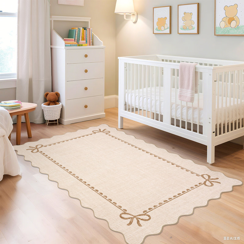 Scalloped Area Rug 4x6 Modern Solid Dorm Rug Soft Low Pile Washable Beige Rugs with Non Slip Rubber Backing, Stain Resistant Indoor Carpet Mat for College Bedroom Hallway Decor