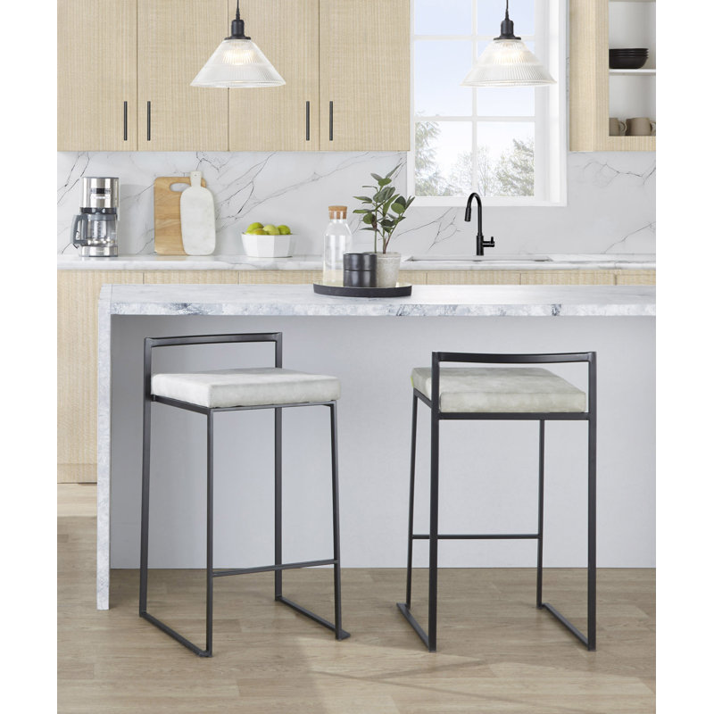 Tabouret de bar et de comptoir Brieon, Noir, Polyester cowboy gris clair, Tabouret de comptoir (siège d'une hauteur de 27 p