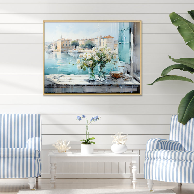 «Blue Window Beachfront View Blooms II - Coastal Windows», art mural, Cadre flottant brun, H 16 po x l 32 po x P 1 po