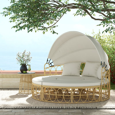 Patio Daybed with Cushions, Round Rattan Daybed, Patio Furniture Set, Sectional Outdoor Sofa