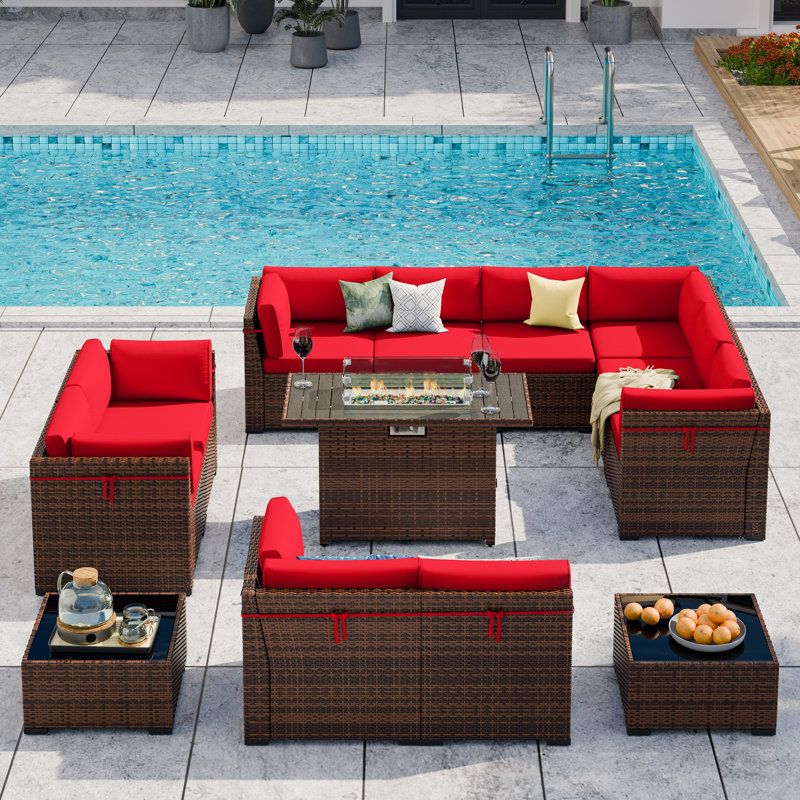 Treyshun 10 - Person Outdoor Seating Group with Fire Pit Table, Burgundy