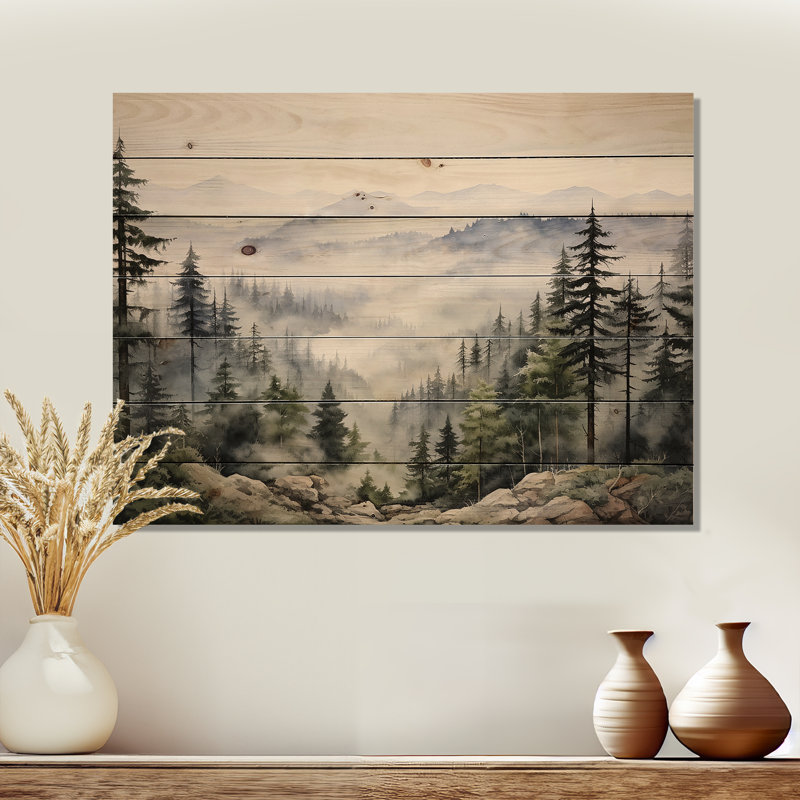 Pine Tree Misty Mountain I On Wood Print, 10" H x 20" W x 0.78" D