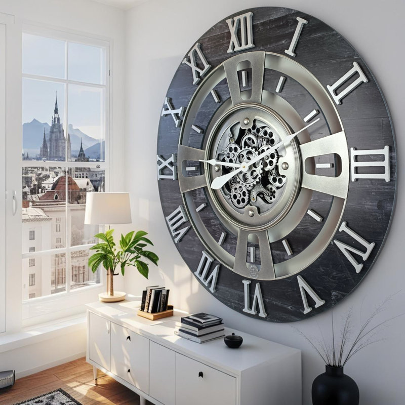 Wall Clock 36" Oversized for Living Room decor with Real Moving Gears England Collection, Vintage Black