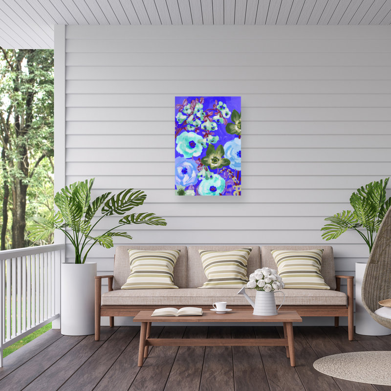 Anémones vertes Ania Zwara sur toile d'extérieur bleu cobalt, H 22 po x l 32 po