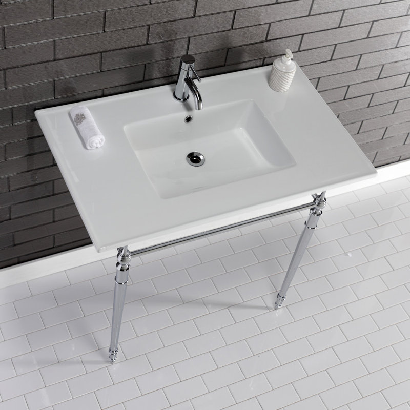 Lavabo de salle de bain console rectangulaire en céramique avec trop-plein Edwardian, Blanc / chrome poli, Simple