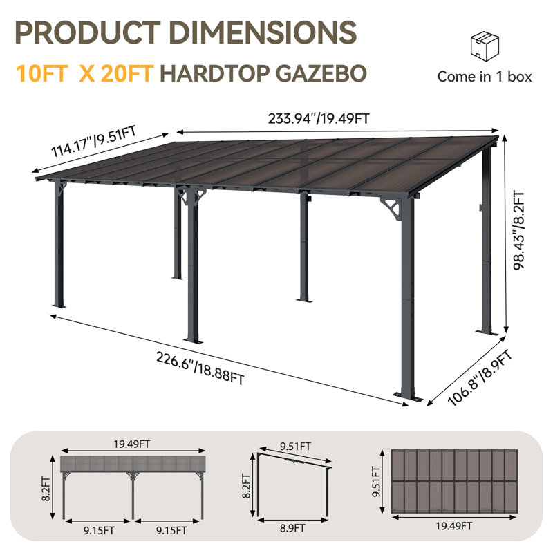 Aoxun 20’x10’ Gazebo Wall Mounted Gazebos Pergola, 98" H x 240" W x 120" D