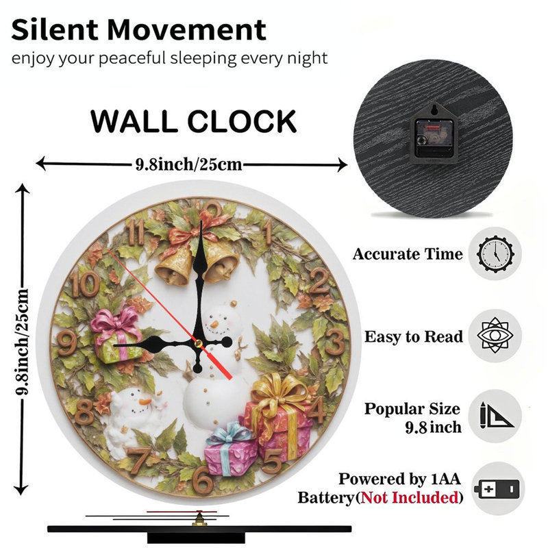 Noël-Horloge-Couronne-Bonhommes de neige-Cadeaux