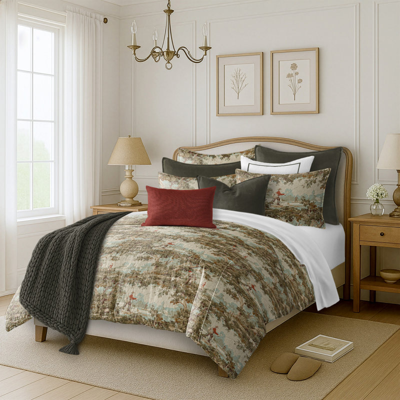 Greenwood Ivory/Red Linen Duvet Cover Set, Twin Duvet + 1 Standard Shams