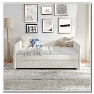 Boucle Fabric Daybed with Trundle Upholstered Sofa Bed